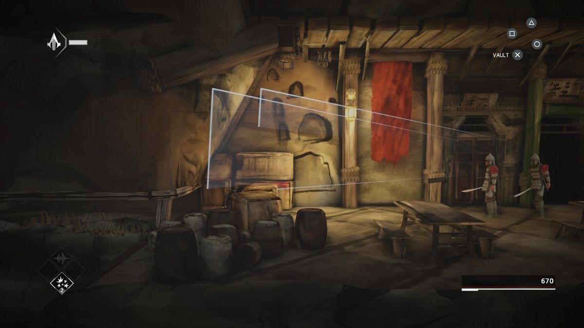 Assassin's Creed Chronicles: China (PlayStation 4) screenshot: Hiding behind the crates