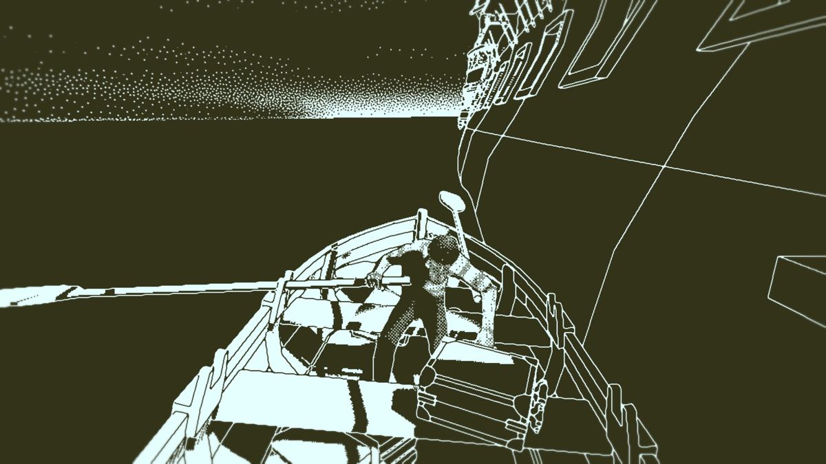 Return of the Obra Dinn (Windows) screenshot: Approaching the "Obra Dinn" ship in the boat