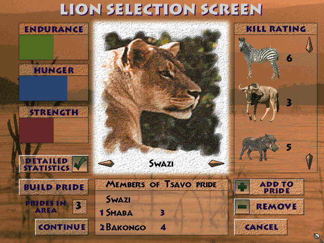 Lion (DOS) screenshot: Simulation mode - lion selection screen