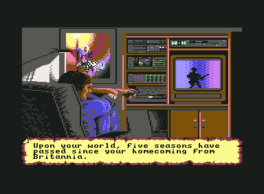 Ultima VI: The False Prophet (Commodore 64) screenshot: The Avatar watching TV in the intro.