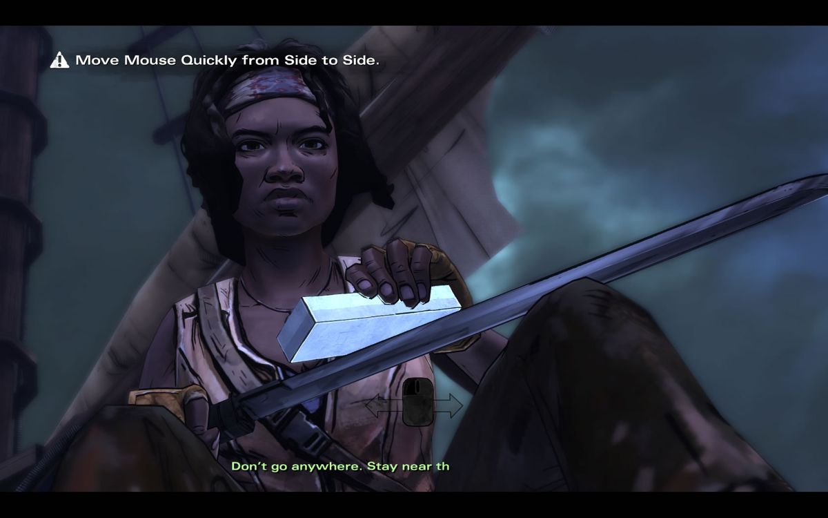 The Walking Dead: Michonne (Windows) screenshot: Episode 1 - The machete is her weapon of choice and it needs to be sharpened