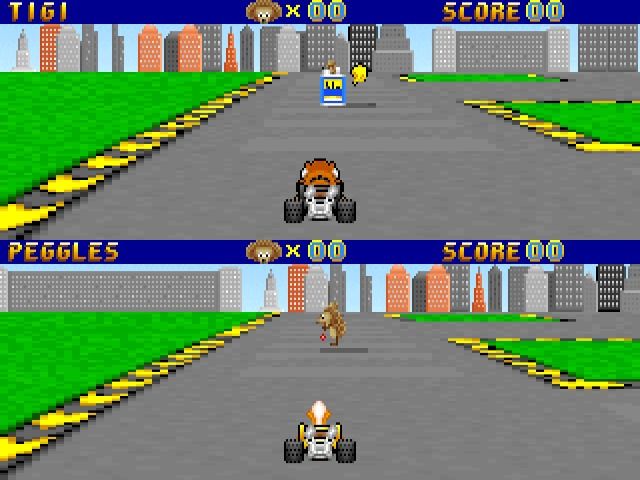 Wacky Wheels (Macintosh) screenshot: Two-player split-screen shootout mode (GOG version)