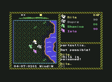 Ultima VI: The False Prophet (Commodore 64) screenshot: Poisoned in the wilderness outside the King's castle.