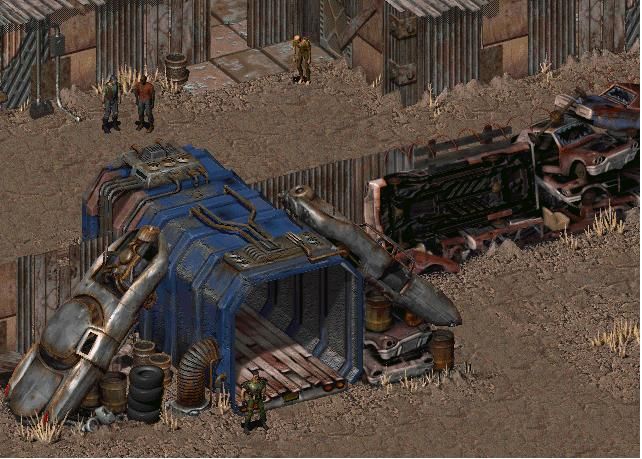 Fallout (Windows) screenshot: Junktown. Land of a thousand... pieces of junk