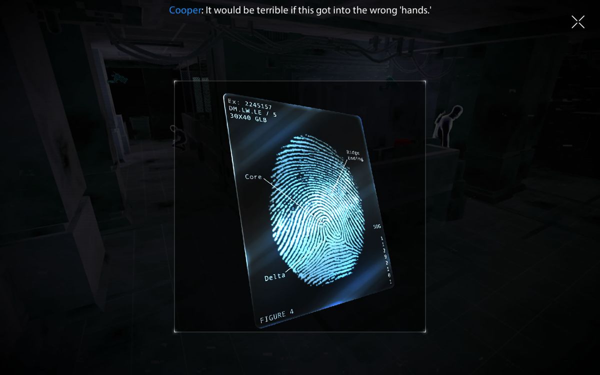 République (Windows) screenshot: Episode 1: fingerprints can be used to doors that would otherwise remain closed.
