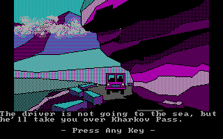 The Spy's Adventures in Europe (DOS) screenshot: In the Georgian bus on Caucasian road...