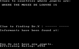 The Spy's Adventures in Europe (DOS) screenshot: Clues screen...