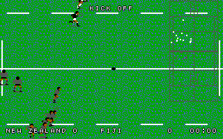 World Class Rugby: Five Nations Edition (DOS) screenshot: A kick off on a rainy day (EGA)