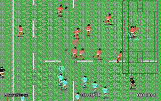 World Class Rugby: Five Nations Edition (DOS) screenshot: The teams collide on a snowy pitch (EGA).