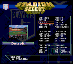 Frank Thomas Big Hurt Baseball (SNES) screenshot: Stadium select