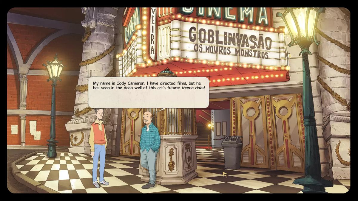 The Interactive Adventures of Dog Mendonça & Pizza Boy (Windows) screenshot: Meeting a director Cody Cameron in front of the movie theater