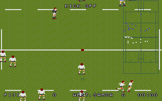 World Class Rugby: Five Nations Edition (DOS) screenshot: Kick off on a dry pitch (VGA)
