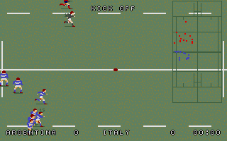 World Class Rugby: Five Nations Edition (DOS) screenshot: A kick off on a rainy day (VGA).