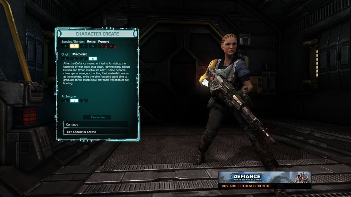 Defiance (Windows) screenshot: Character Creation: Initially there are four basic character species/genders, two others are locked. Each has sub classes and later on the appearance can be customised