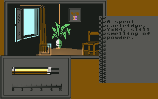 The Sydney Affair (Commodore 64) screenshot: Finding a cartridge in assassin's apartment...