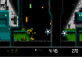 Vectorman 2 (Genesis) screenshot: In these levels Vectorman rolls fast on roller skates