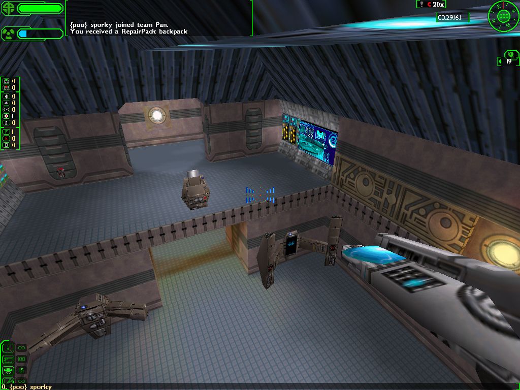 Starsiege: Tribes (Windows) screenshot: Shot from inside a base