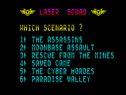 Laser Squad (ZX Spectrum) screenshot: Choosing a scenario