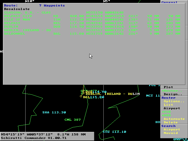 Schiratti Commander (DOS) screenshot: Creating a Flight Plan: Once the Autoroute option has completed the player can view and edit the waypoints. In this example the mid journey trip to the Isle of Man must go