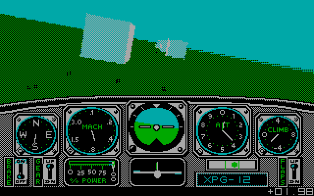 Chuck Yeager's Advanced Flight Simulator (DOS) screenshot: Approaching obstacles. (EGA)