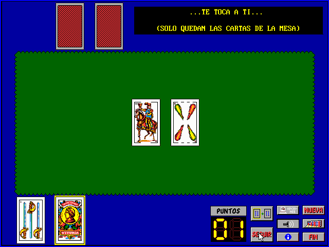 La escoba (DOS) screenshot: No cards to compose 15 points...