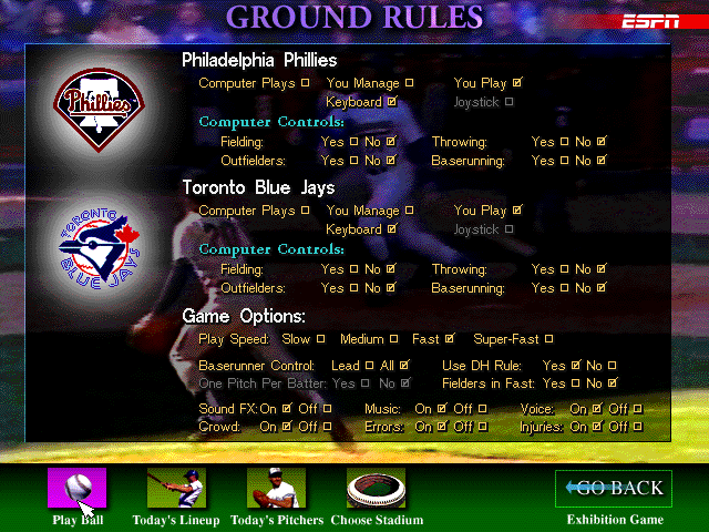 ESPN Baseball Tonight (DOS) screenshot: A last chance to review our game options...