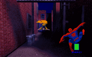 Marvel Comics Spider-Man: The Sinister Six (DOS) screenshot: Jump from wall to wall to avoid his projectiles.