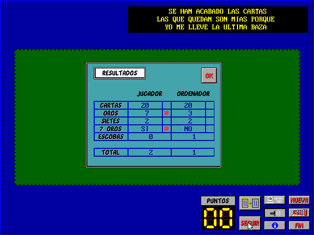 La escoba (DOS) screenshot: Results of game...