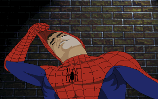 Marvel Comics Spider-Man: The Sinister Six (DOS) screenshot: Peter Parker is Spider-Man.