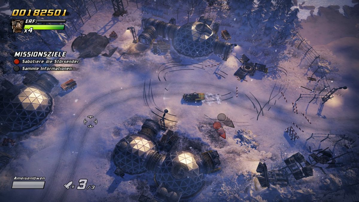 Renegade Ops: Cold Strike (Windows) screenshot: A small base, after a visit by the Renegades...some damage was done.