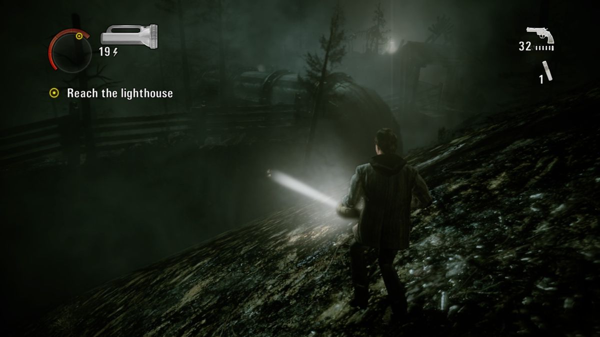 Alan Wake: The Writer (Xbox One) screenshot: Heading down toward the large pipe
