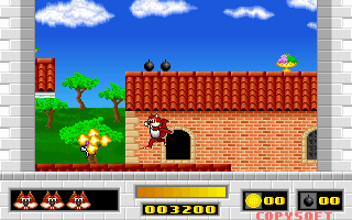 Skunny: Save Our Pizzas! (DOS) screenshot: Sufficiently jumped-upon, the enemy explodes and drops an item.