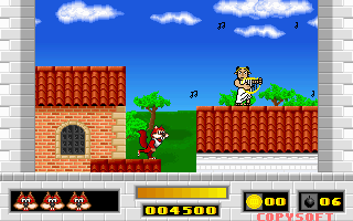 Skunny: Save Our Pizzas! (DOS) screenshot: Teetering on the edge, avoiding being hit by descending notes.