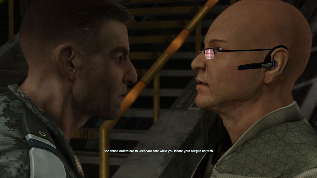 Defiance (Windows) screenshot: Introduction: There's a long discussion between Captain Grant and Von Bach, head of the arktech recovery team, which sets up the story. This leads to the character creation screens