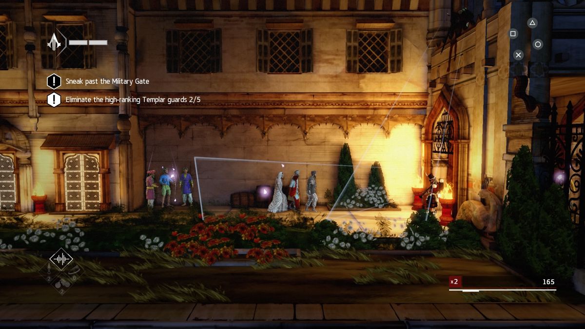 Assassin's Creed Chronicles: India (PlayStation 4) screenshot: Disguising as a civilian to pass the checkpoint