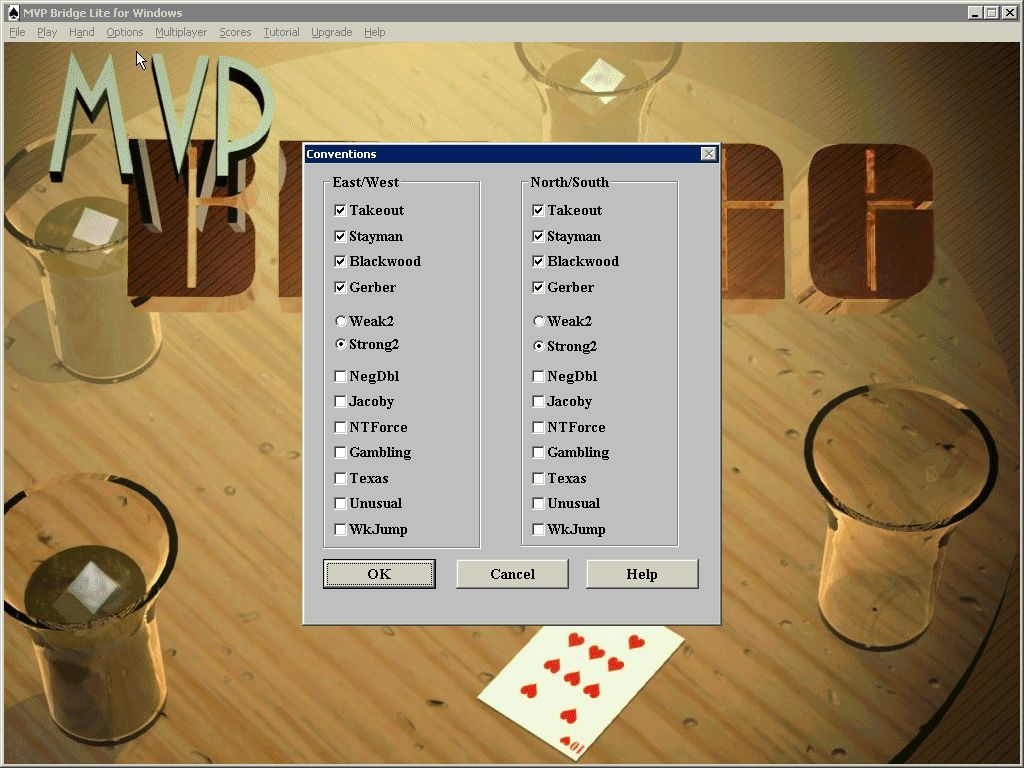 MVP Bridge Lite (Windows) screenshot: The bidding conventions used by each partnership can be customised