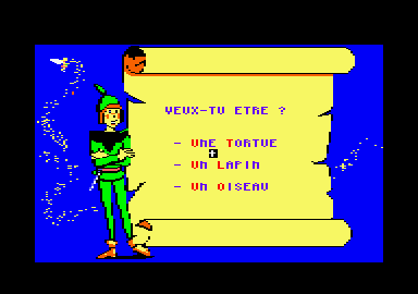Peter Pan (Amstrad CPC) screenshot: Do you want to be a tortoise, a rabbit or a bird?