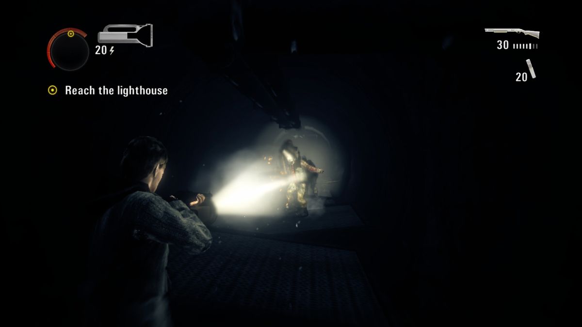 Alan Wake: The Writer (Xbox One) screenshot: Chainsaw guy thought to surprise me, but only managed to scare me to death with his sound echoing through the pipes