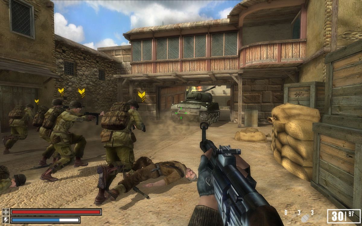 Crimes of War (Windows) screenshot: An allied Sherman tank is ramming that gate down!