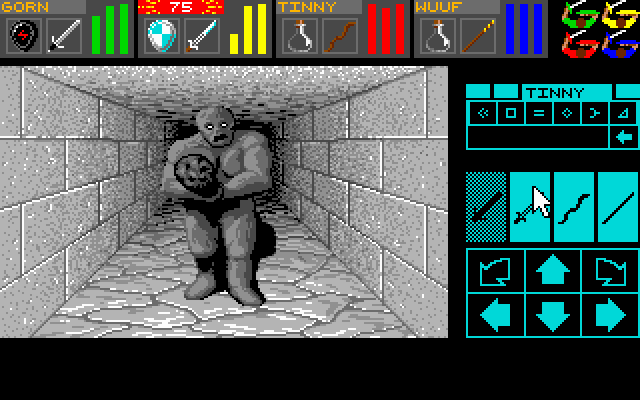 Dungeon Master (DOS) screenshot: Fighting a stone golem