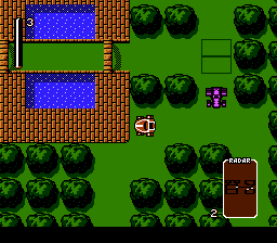 Quattro Arcade (NES) screenshot: Racing around the forest maze, dodging the malicious car.