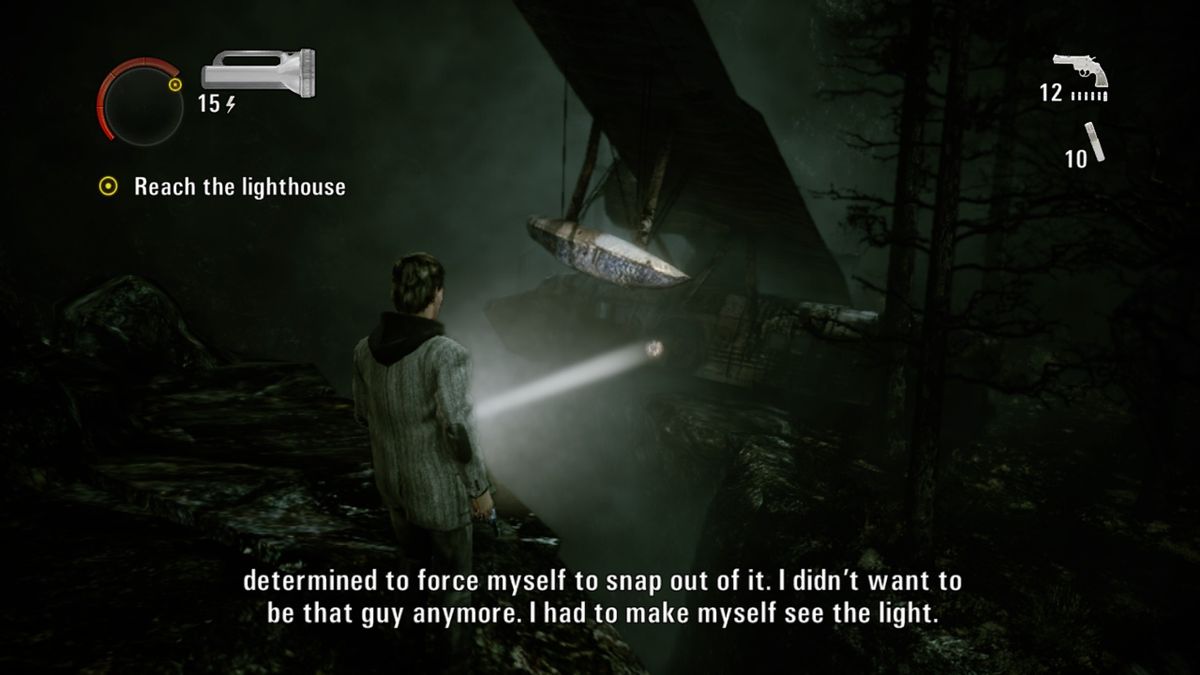 Alan Wake: The Writer (Xbox One) screenshot: Gotta tilt that plane somehow to make me a bridge across