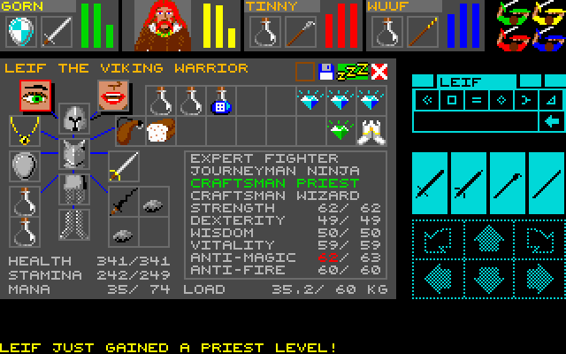 Dungeon Master (DOS) screenshot: Viewing a character's stats