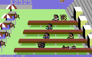 Tapper (Commodore 64) screenshot: An angry customer slides you across the bar