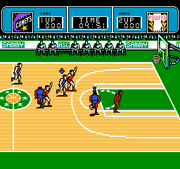 Ultimate Basketball (NES) screenshot: Dribbling the ball.