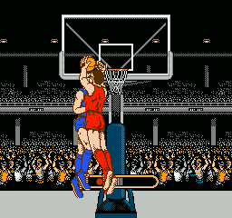 Ultimate Basketball (NES) screenshot: Either trying to block a shot or a little hanky panky in mid-air.