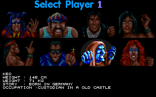 Dangerous Streets (DOS) screenshot: Character selection screen. Note the biographical information.