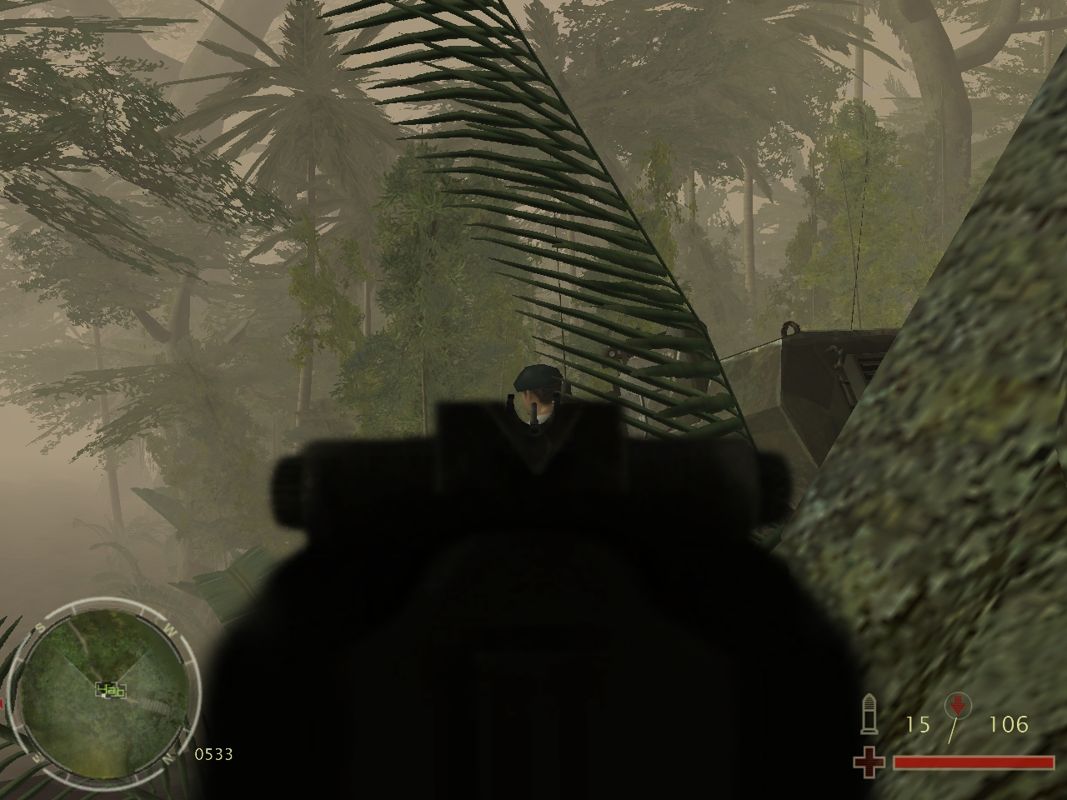 Terrorist Takedown: War in Colombia (Windows) screenshot: Aiming with an AK-47 is a lot easier than my default rifle. This guy is dead already...