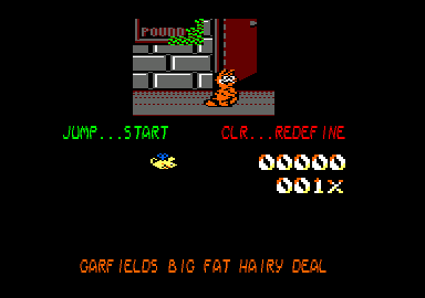 Garfield: Big, Fat, Hairy Deal (Amstrad CPC) screenshot: Starting location and main menu
