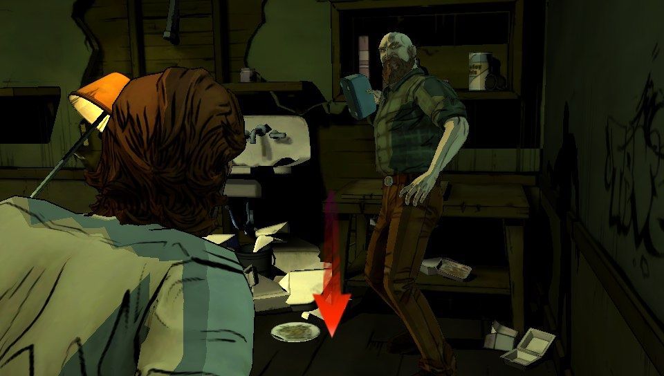 The Wolf Among Us (PS Vita) screenshot: Episode 1 - Swipe the touch screen in the arrow direction to evade being hit